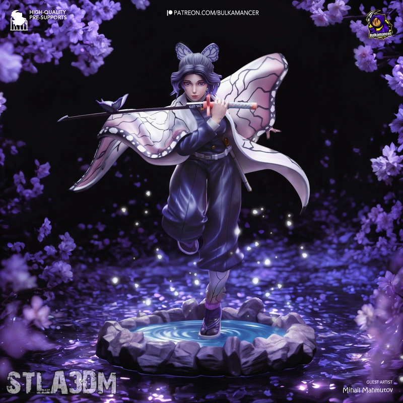 Shinobu-inspired purple-haired swordswoman with butterfly cloak and sword on a rocky water base