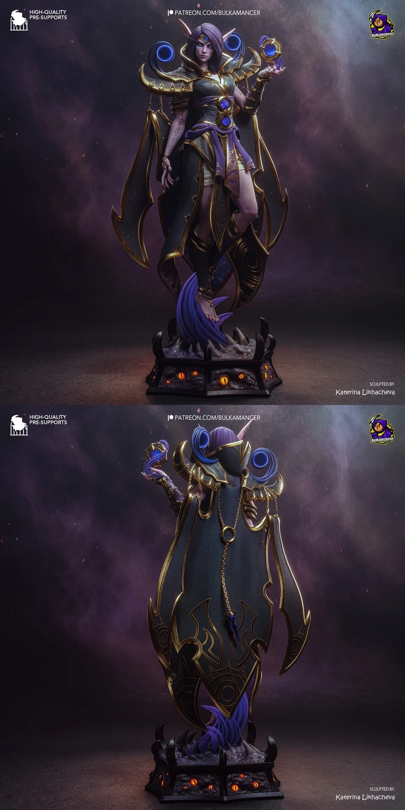 Xal'atath World of Warcraft character statue with purple hair and ornate armor