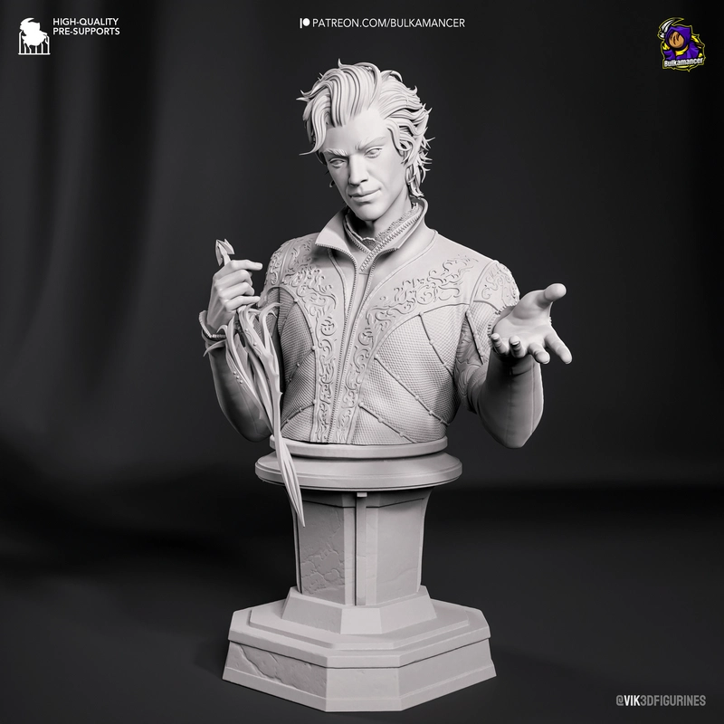 Astarion Baldur’s Gate 3 bust 3D model with ornate coat and pedestal