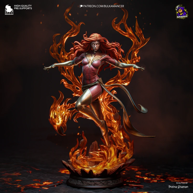 Dark Phoenix statue with flowing red hair, flames, and a round display base