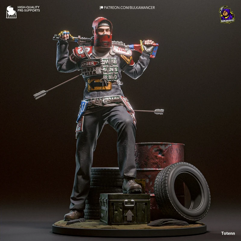 Rusty Survivor masked armored fighter statue with rifle, arrows, crates, tires, and barrel