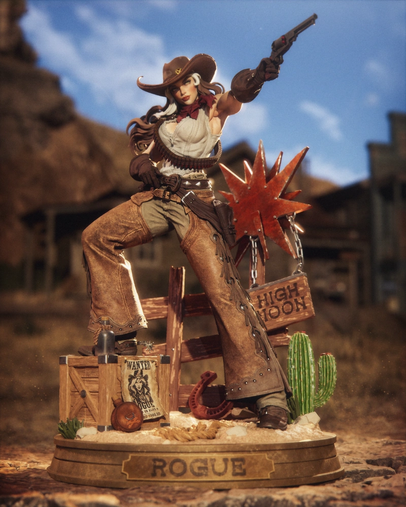 Cowgirl Rogue Marvel figurine with revolver, western outfit and desert display base