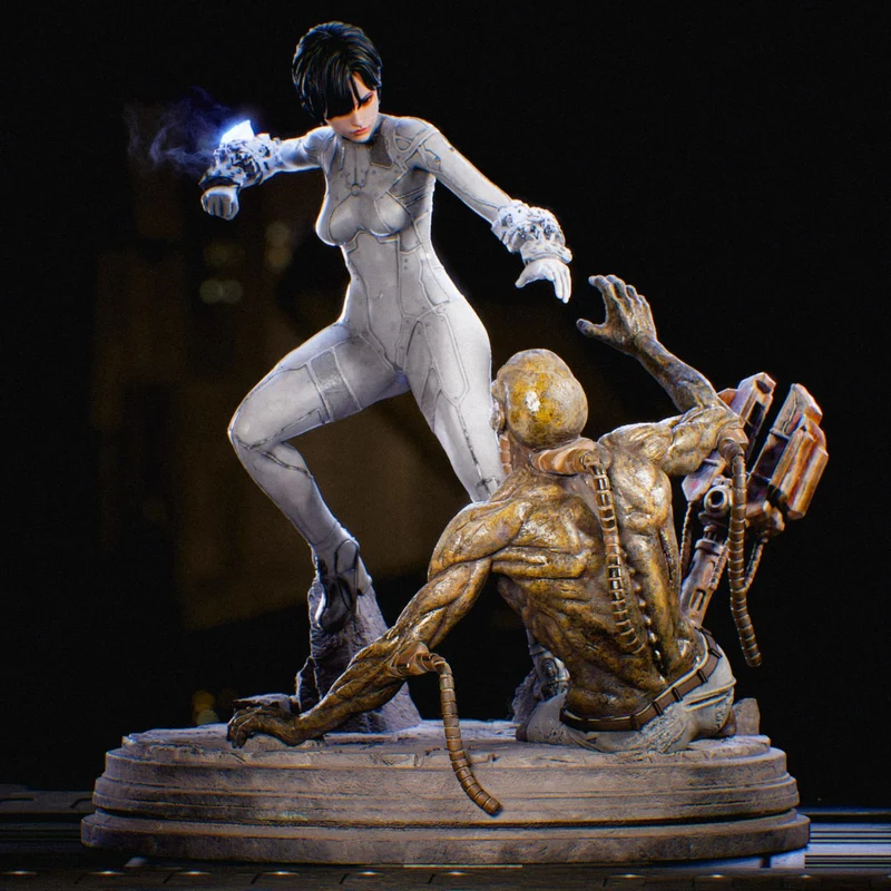 Evie from Stellar Blade battling a detailed humanoid enemy on a display base