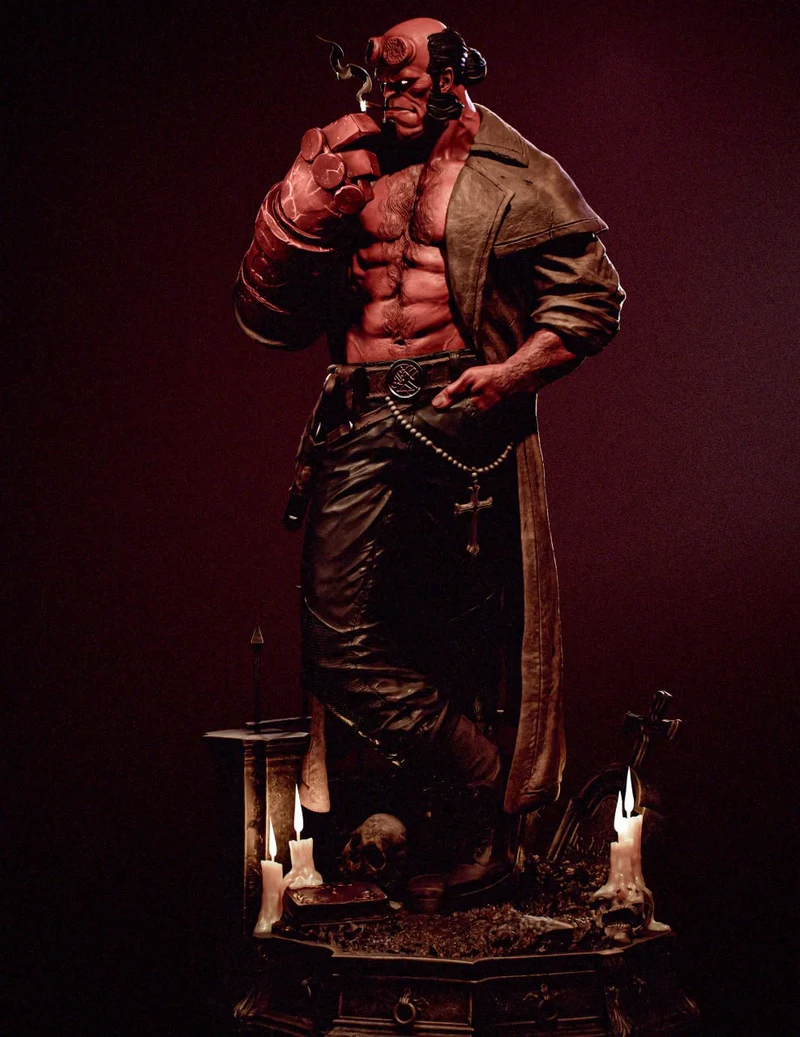 Hellboy full-body 3D character statue with stone hand, long coat, candles, skulls, and display base