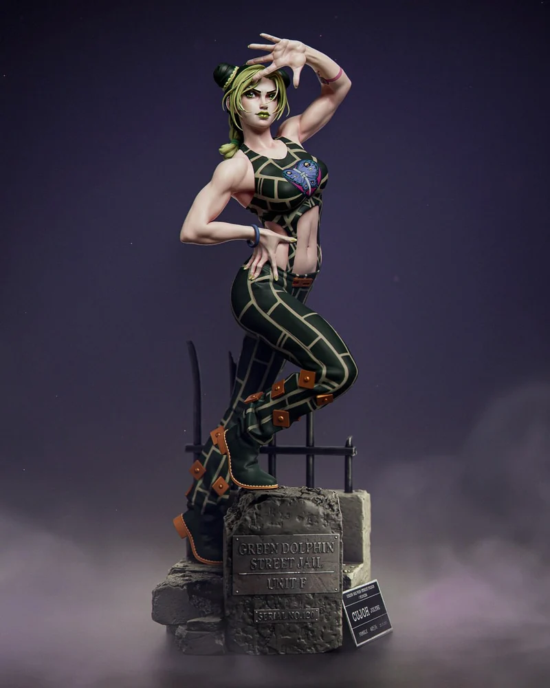 Jolyne Cujoh statue in a dynamic pose on a Green Dolphin Street Jail base