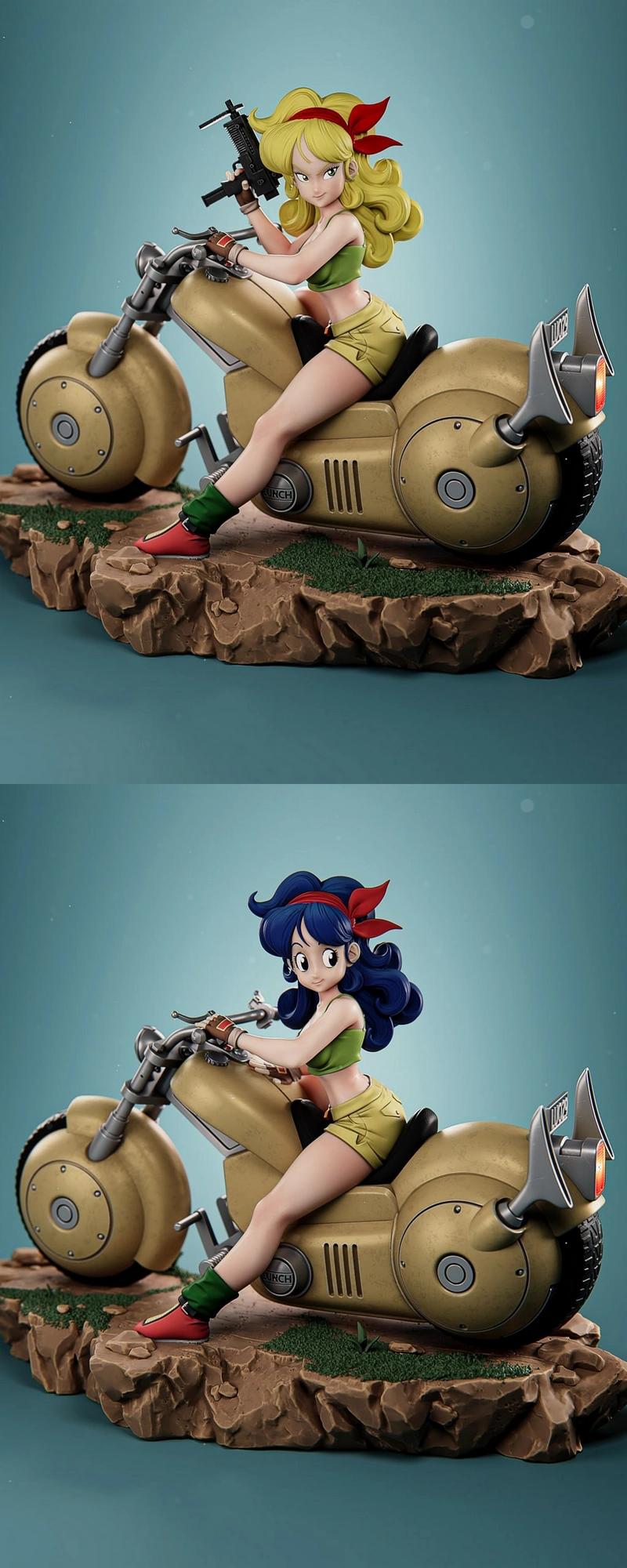 Launch from Dragon Ball riding a large motorcycle on a rocky display base