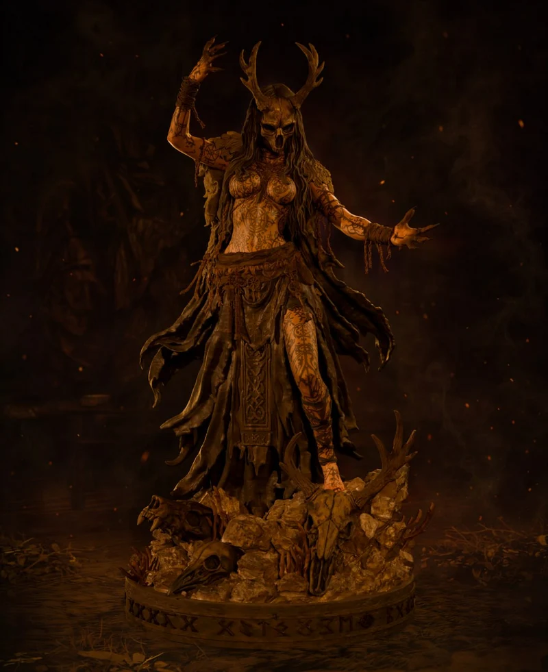 Antlered Norse witch fantasy statue with tattoos, robes, and a rune-marked base