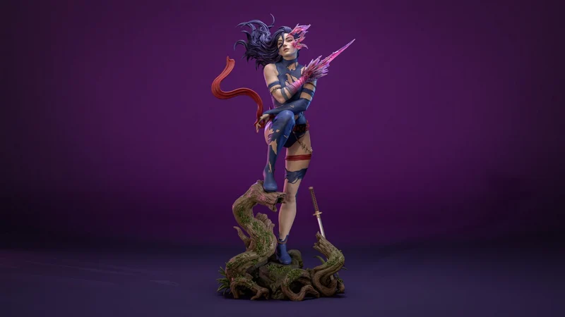 Savage Land Psylocke Marvel statue with sword and jungle base