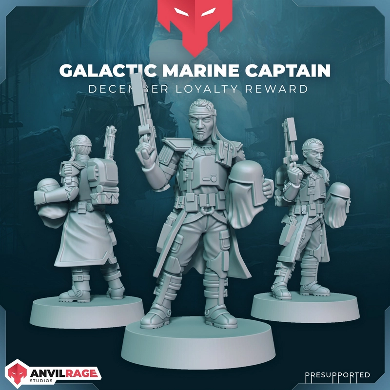 CC-1138 Bacara Star Wars Galactic Marine captain 3D figure with armor, weapons, and display base