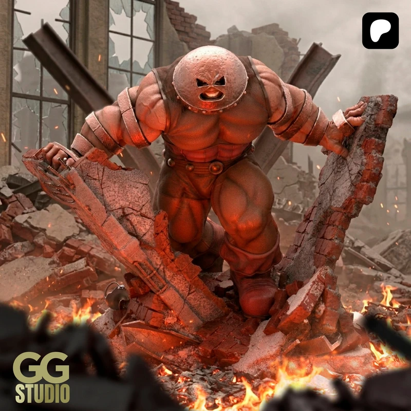 Marvel’s Juggernaut in red armor bracing against broken masonry