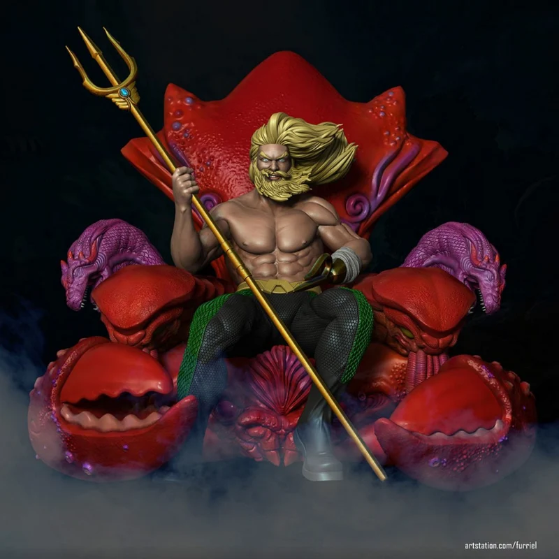Aquaman seated on the Throne of Atlantis with a gold trident and sea creatures
