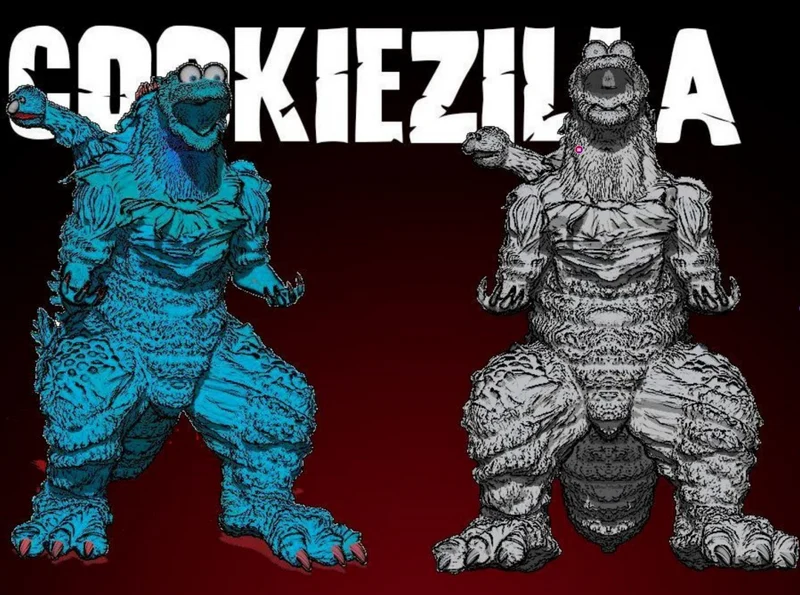 Cookiezilla fantasy monster figure shown in blue and monochrome views