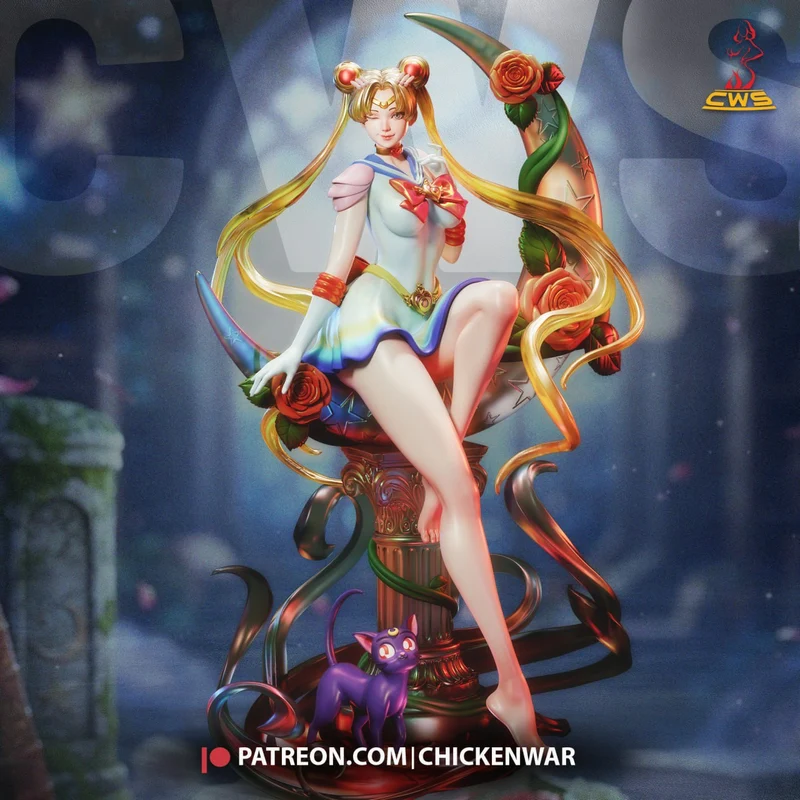 Sailor Moon seated floral statue with roses, crescent forms, and a purple cat