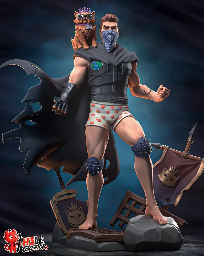 Carl with Princess Donut, a crowned cat, in a detailed character statue scene