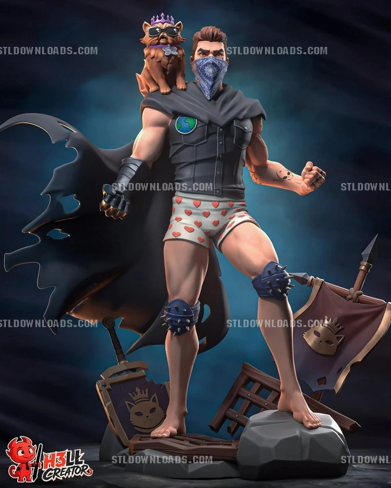 Carl with a masked face and Princess Donut, a crowned cat, in a fantasy statue pose