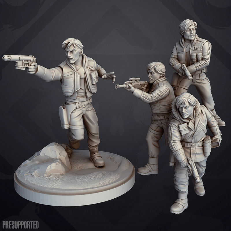 Cassian Andor Star Wars 3D model figures with blasters on a display base