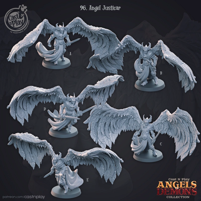 Angels Justicars fantasy miniatures with wings, armor, robes, and weapons