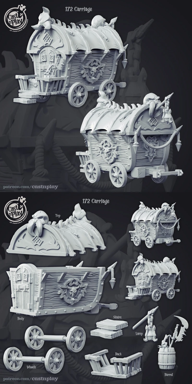 Fantasy carriage 3D model with ribbed roof, carved panels, wheels, stairs, lamp and barrel accessories