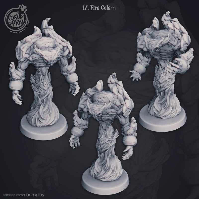 Fantasy Fire Golem creature figure with clawed hands and a round display base