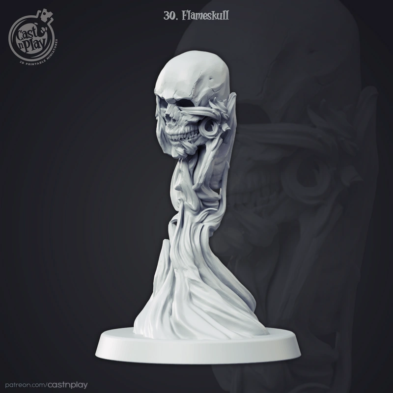 Fantasy Flameskull undead skull sculpture with a flowing spectral body on a round base