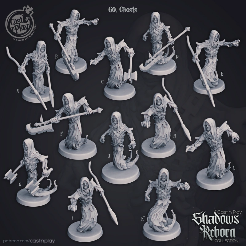 Hooded fantasy ghost miniatures with weapons on round bases