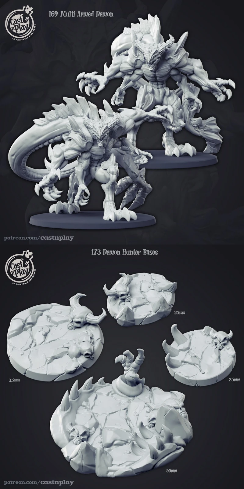 Multi-armed demon fantasy miniature with horns, claws, tails, and sculpted bases