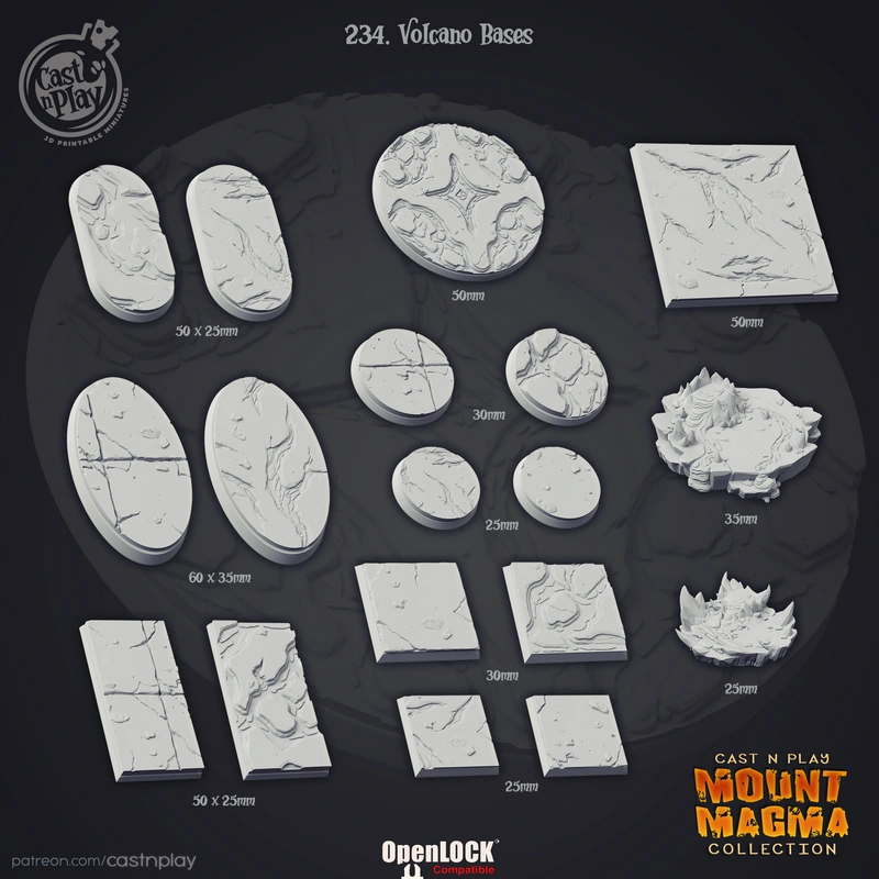Volcano-themed scenic bases with cracked lava textures and jagged volcanic rocks