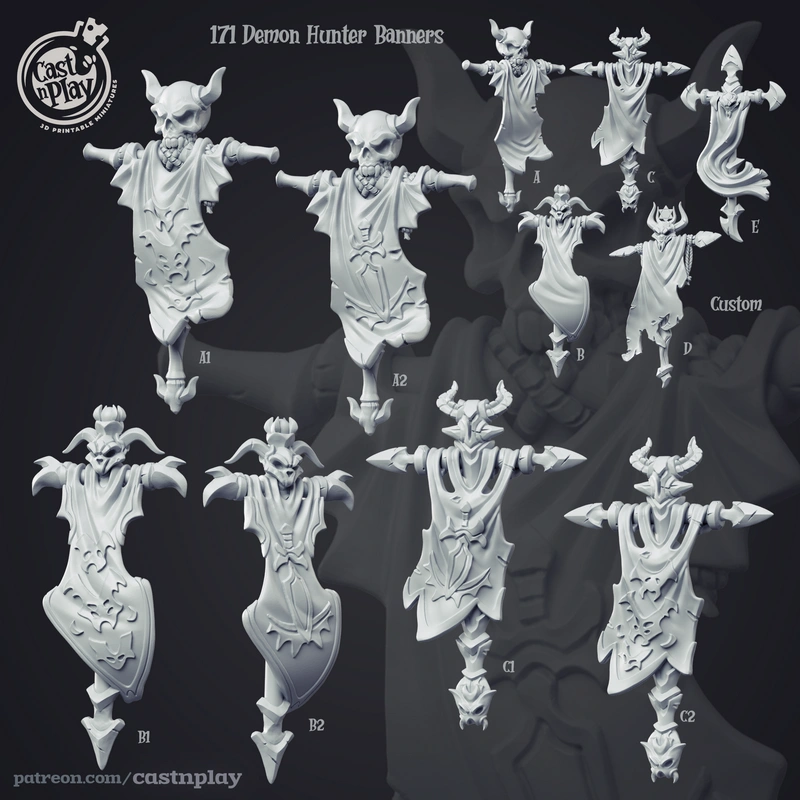 Horned fantasy demon hunter banner models with flowing robes and ornate armor