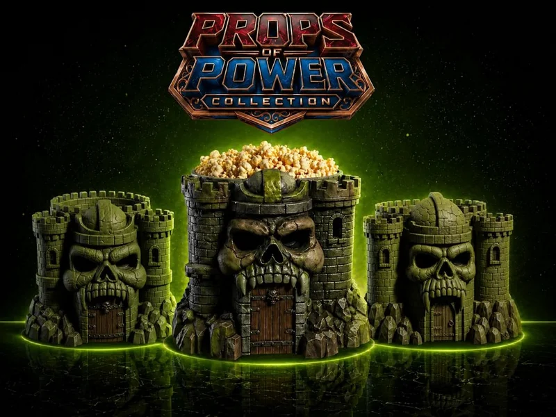 Castle Grayskull skull-faced popcorn bucket with three stone towers