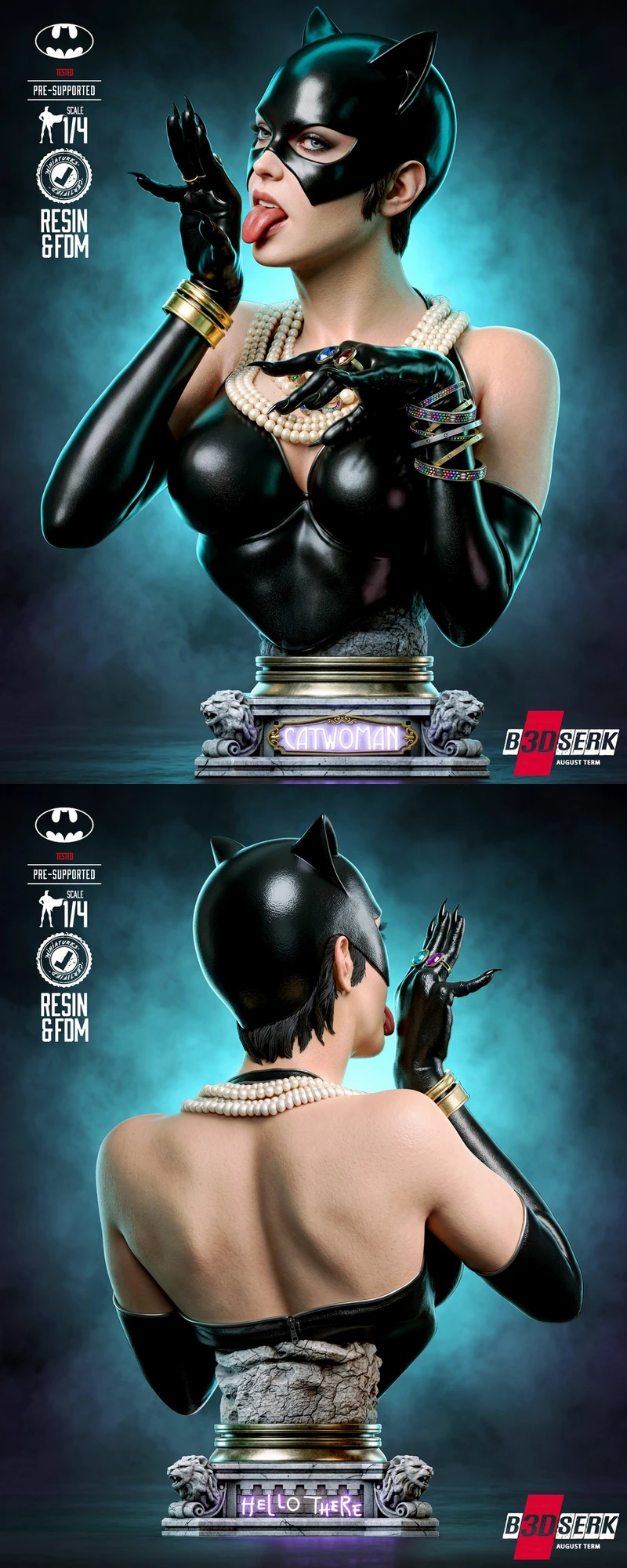 Catwoman portrait bust wearing a cat-eared mask on an ornate pedestal