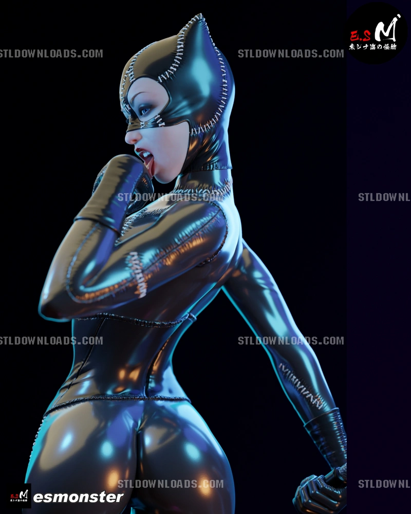 Catwoman DC Comics 3D model in a glossy stitched catsuit and pointed cowl