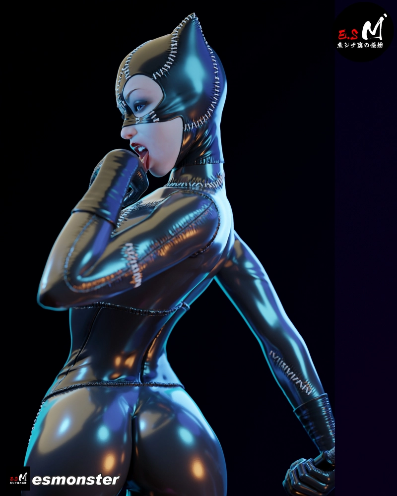 Catwoman DC Comics 3D model in a glossy stitched catsuit and pointed mask