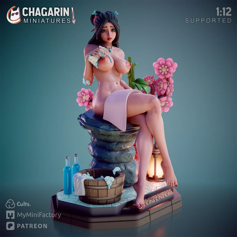Ami Hot Spring original anime-style character seated in a flower-filled hot spring scene