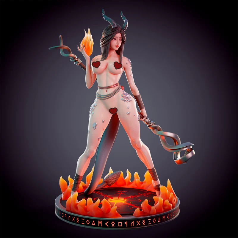 Horned Dragonborn Fire Priest fantasy figure with flame and fire-ringed base