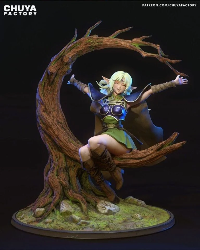 Deedlit elf figurine seated in a curved tree with a rocky base