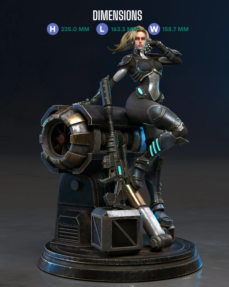 Nova from StarCraft in armor with a rifle on an industrial display base