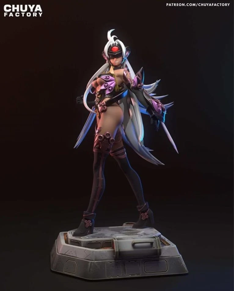 T-elos Xenosaga character statue with white hair, red visor, armor, and sci-fi base