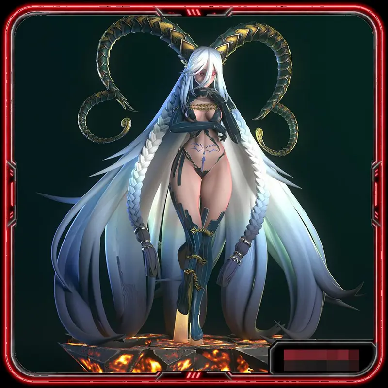 Stylized horned dragon woman with white hair on a cracked lava base
