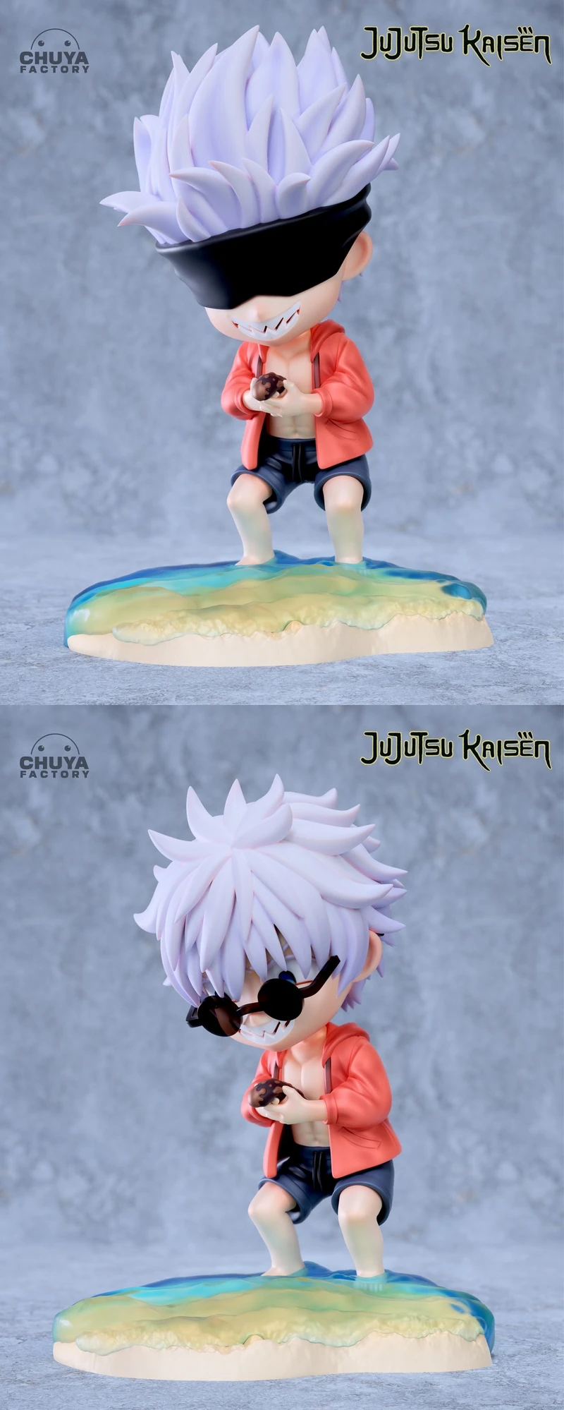 Chibi Gojo figurine with spiky white hair, red hoodie, and water-like base