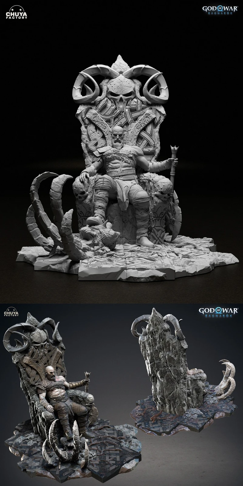 Kratos seated on a horned skull throne with bones and a rugged display base
