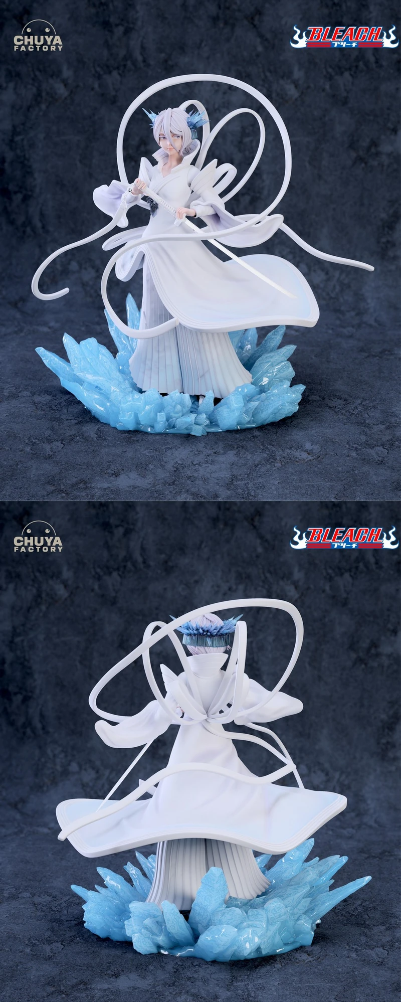 Rukia Kuchiki Bleach anime statue in a white kimono with sword, ribbons, and blue ice crystals