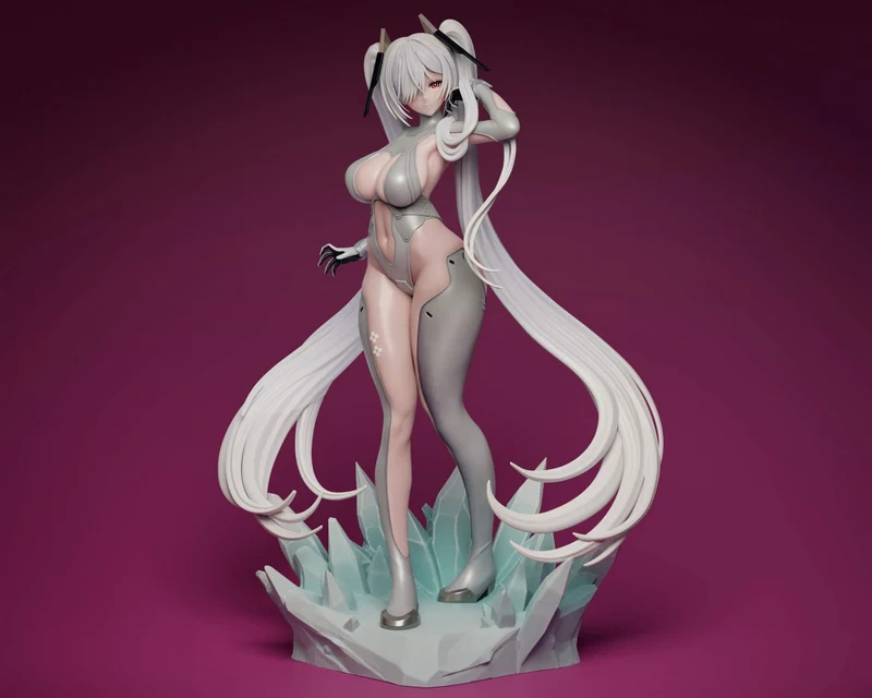 Cinderella from Goddess of Victory: Nikke with long white hair on a crystal base