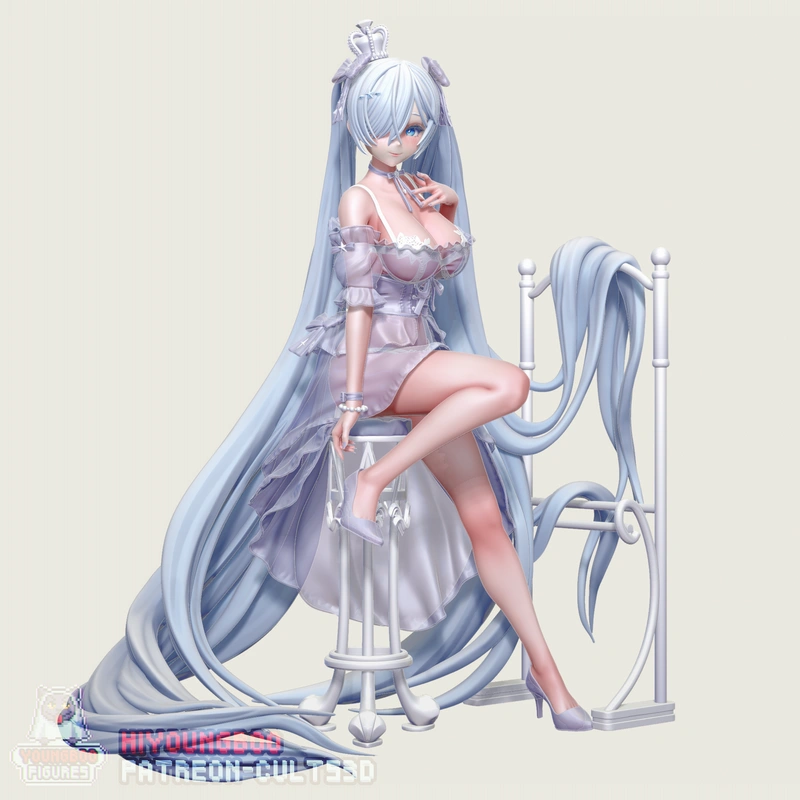 Stylized pale blue-haired Cinderella figure seated on an ornate chair