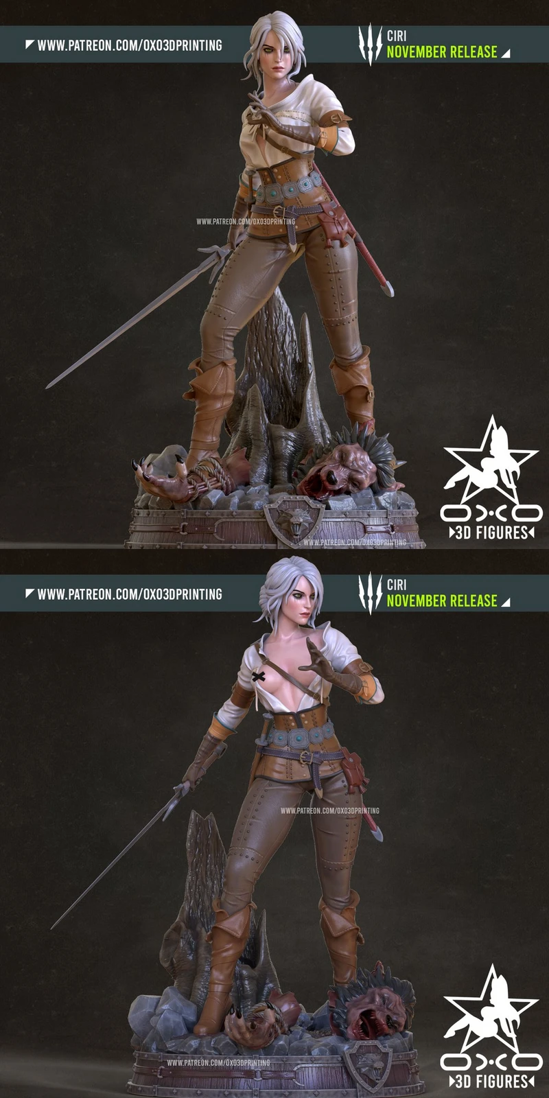 Ciri from The Witcher standing with a sword on a monster-themed display base
