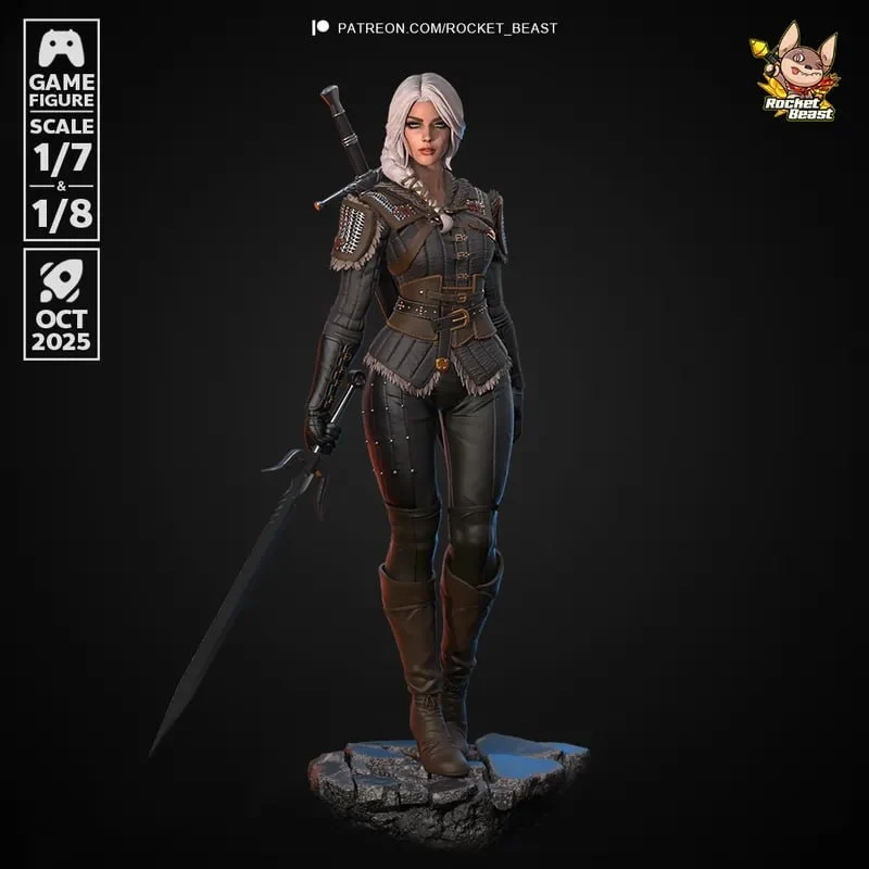 Ciri from The Witcher in layered armor with swords on a rugged display base