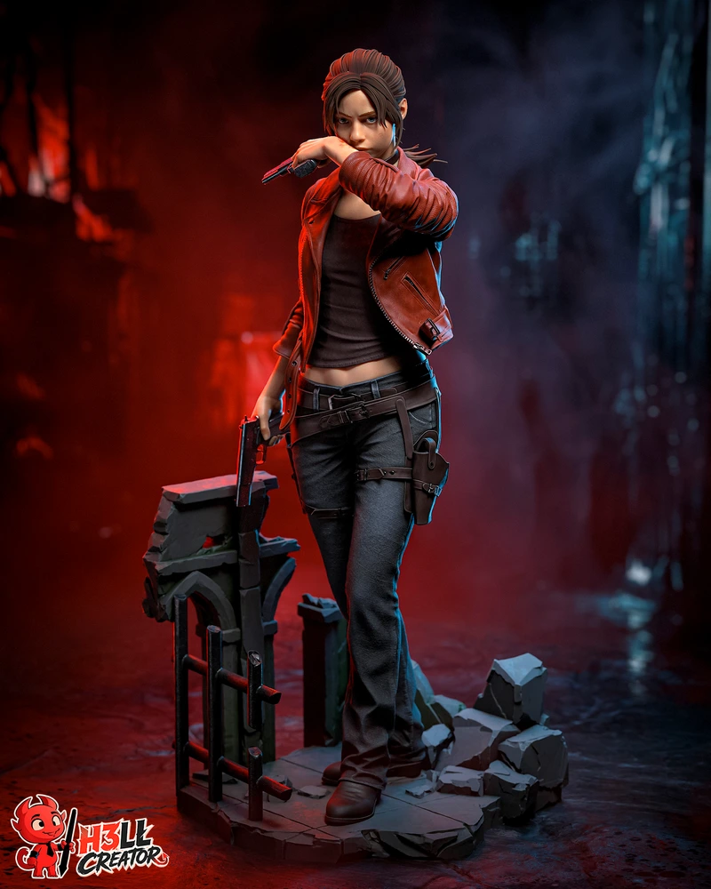 Claire Redfield Resident Evil Code: Veronica statue with weapons on a rubble base