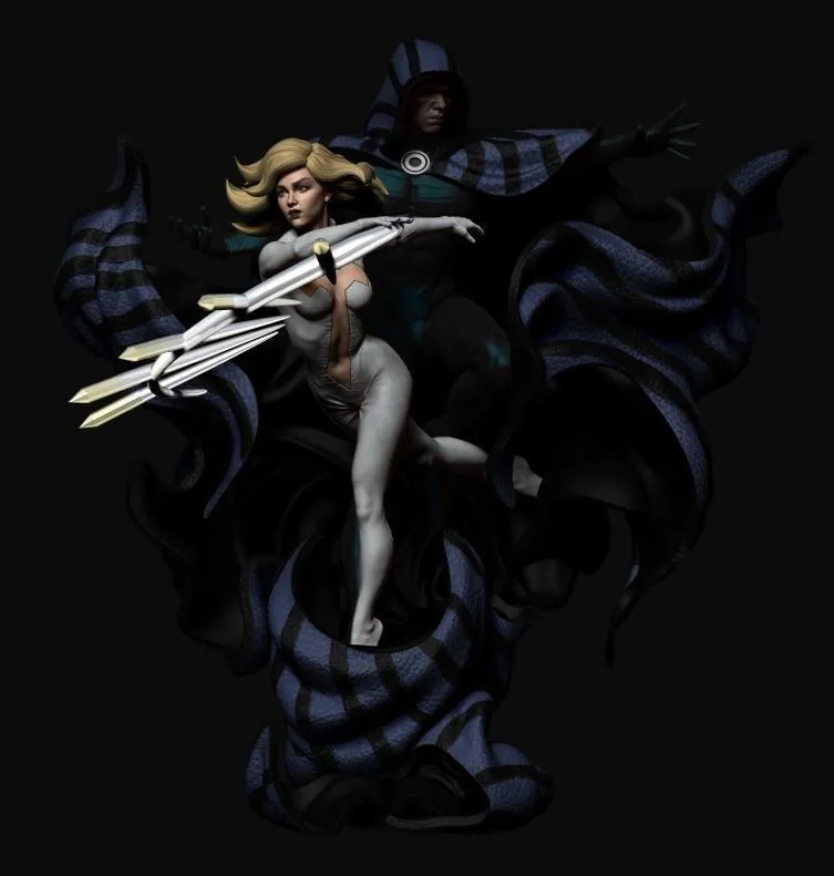 Marvel’s Cloak and Dagger character statue with flowing striped fabric and white blades