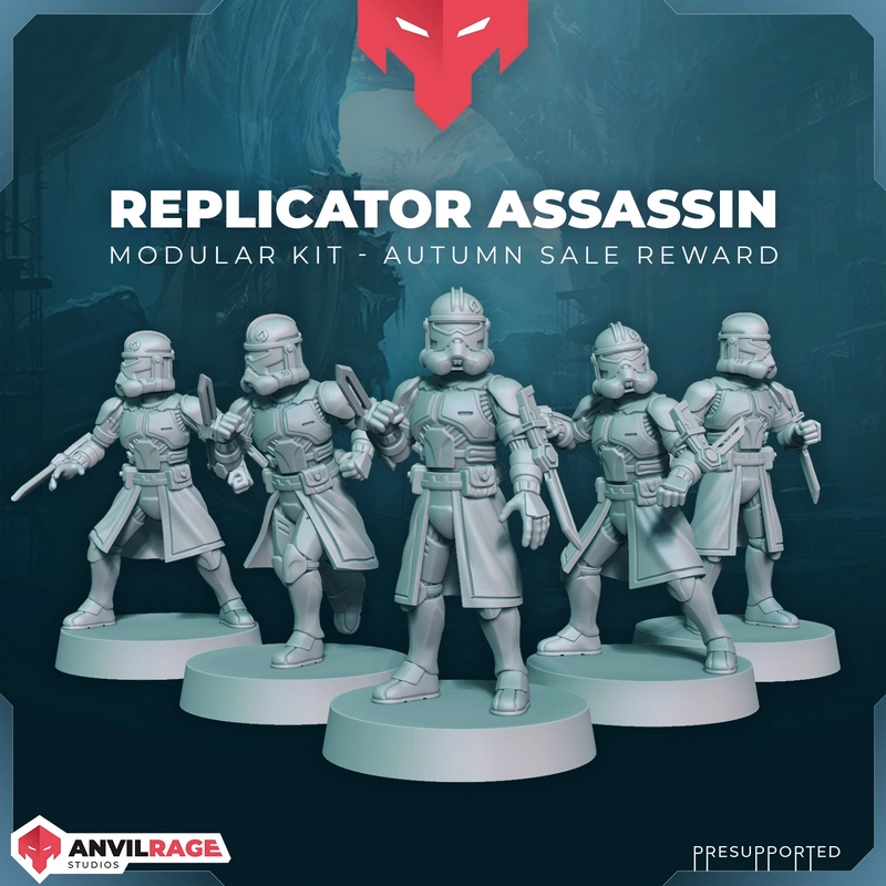 Five armored Star Wars clone trooper assassins on round display bases