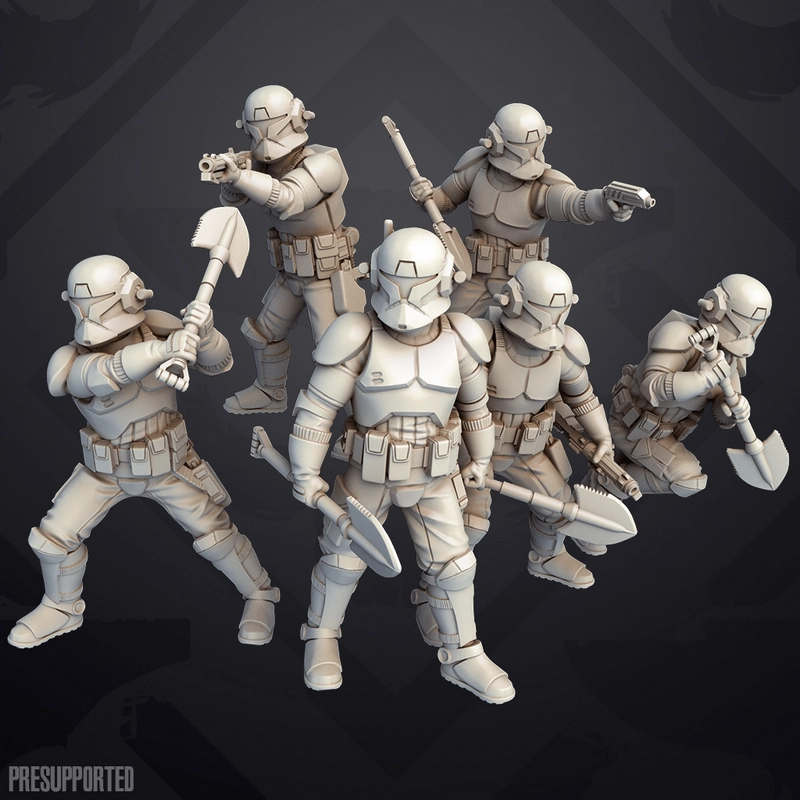 Six armored Star Wars clone trench troopers with blasters and field tools