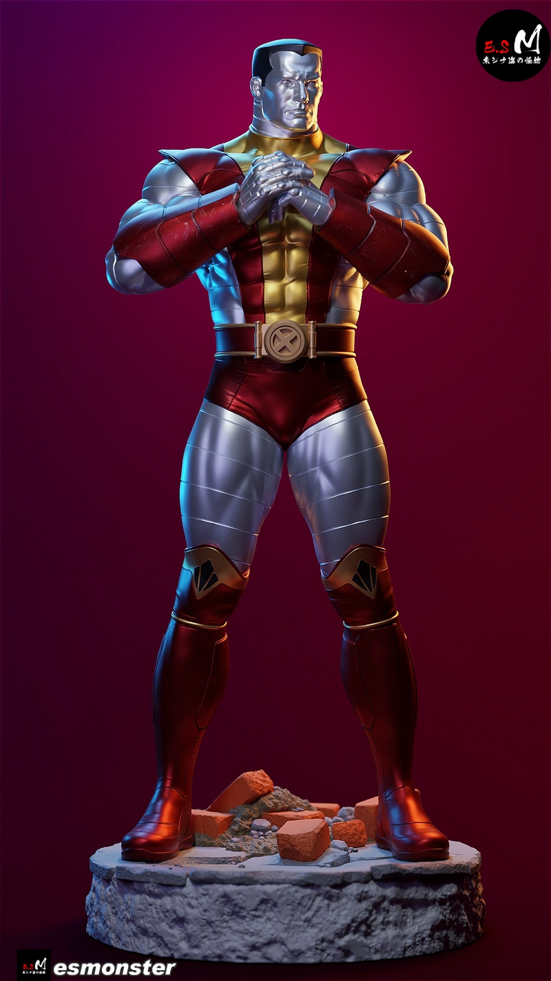 Colossus Marvel statue in a red uniform standing on a rubble-textured base